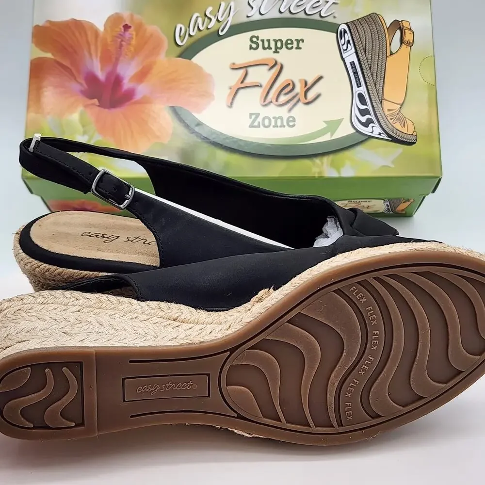 NEW Easy Street Devlin Black Slingback Espadrille Wedge Sandals Women Size 8.5 M